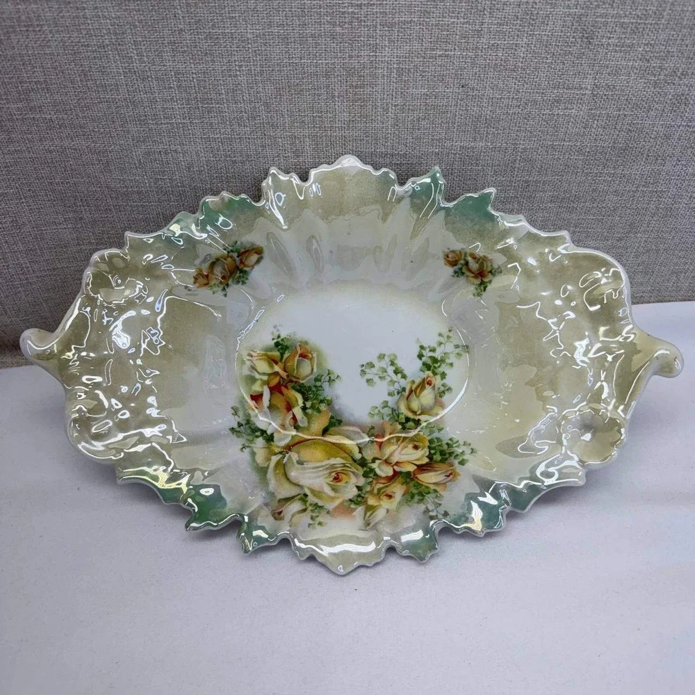 Vintage Germany Porcelain Scalloped Oval Bowl Yellow Roses Lusterware 12 Inch